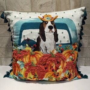 Pioneer Woman Pillow 18x18" Charlie Hound Dog Autumn‎ Pumpkin Tassle Embroidered